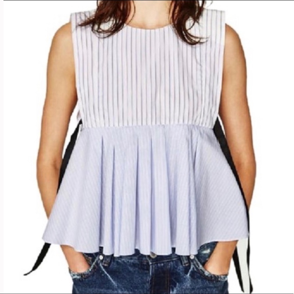 Zara Light Blue Striped Blouse with Black Ties Size XS